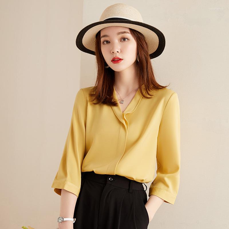 

Women' Blouses High End Summer Half Sleeve Chiffon Shirt 2022 Quality Fashion V Neck Women Tops Office Lady Style Formal Wear, Blue