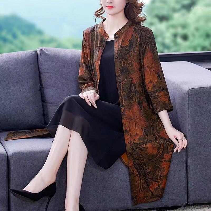

Women's Trench Coats 2022 Spring Fall Women Clothes 3/4 Sleeve Floral Pattern Vintage Coat Woman 4xl 3xl Casual Mandarin Collar, Yellow floral