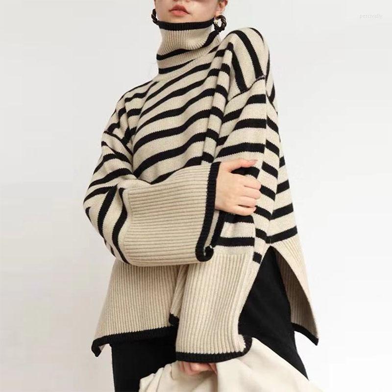 

Women's Sweaters 2022 Autumn Winter Vintage All-match Casual High-neck Striped Loose Sweater Women's Design Korean Lazy Style Knitted, B white