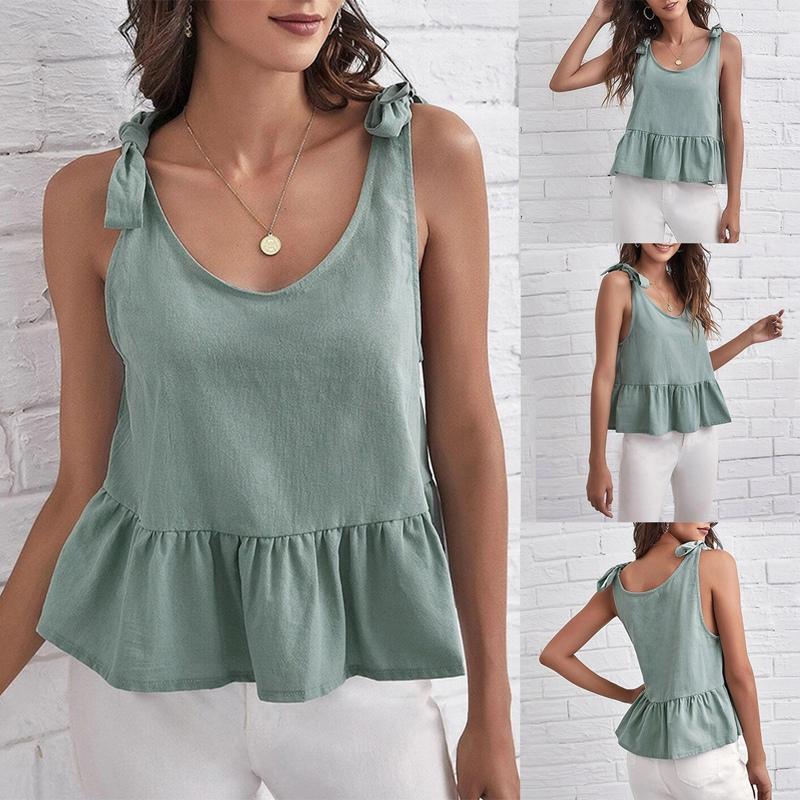 

Women's Tanks ASDS-Women's Casual Short-Sleeved Loose Camisole Hem Pleated Ruffled Tops T-Shirt, Orange red
