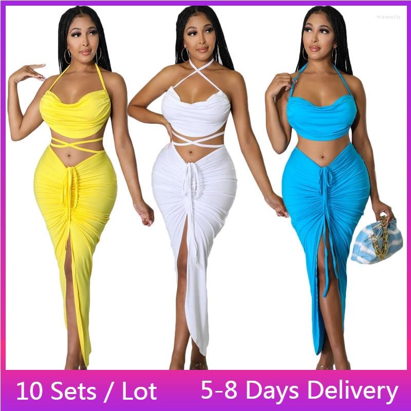 

Work Dresses Wholesale Items Bodycon Vacation Outfits For Women 2022 Holiday Summer 2 Piece Set Sexy Halter Crop Top High Slit Maxi Skirt, White
