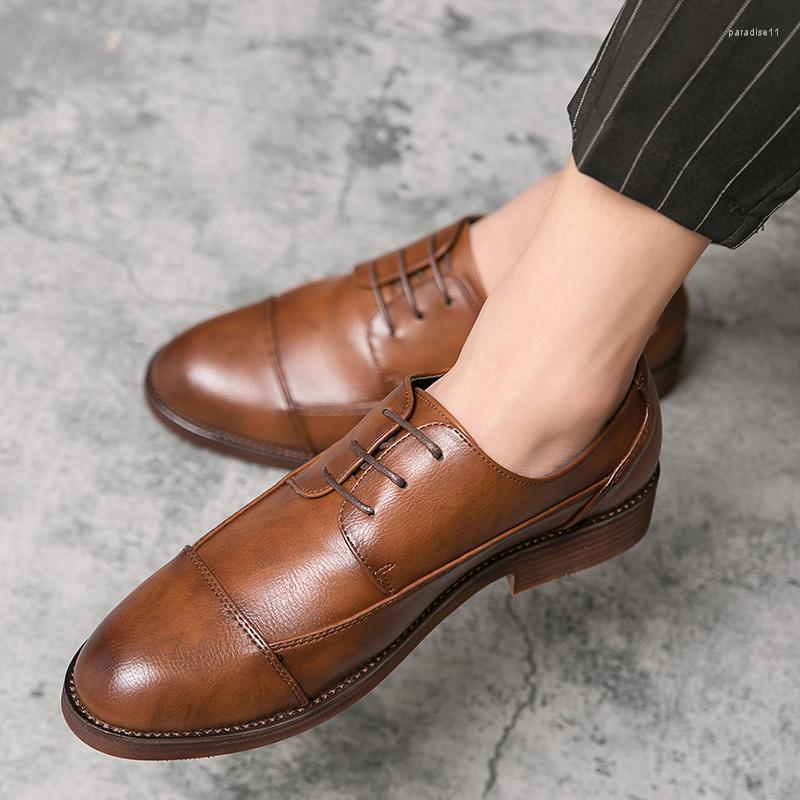 

Dress Shoes 2022 Formal Men Oxfords Retro Lace Up Male Footwear Big Size 38-47 Cow Muscle Sole Business Round Toe Leather, Beige