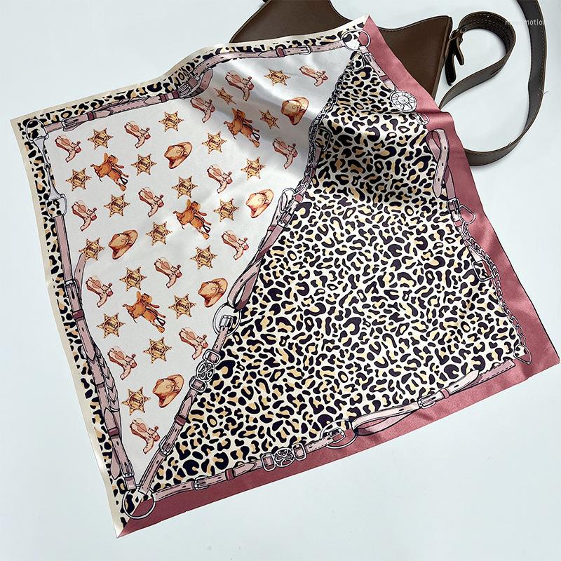 

Scarves Women Square Scarf Western Cowboy Elements Leopard Print Wild Silk Satin 52cm