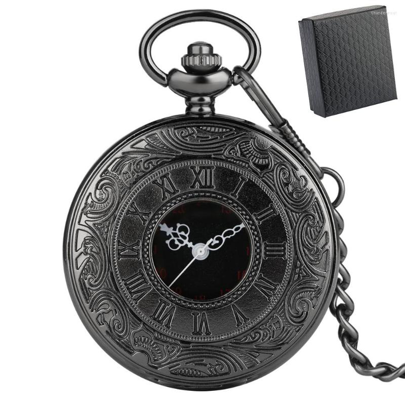 

Pocket Watches Classic Roman Numerals Engraved Hollow Vintage Quartz Watch Black Gift Box Men Women Fob Chain Pendant Timepiece, Awith 80 cm chain