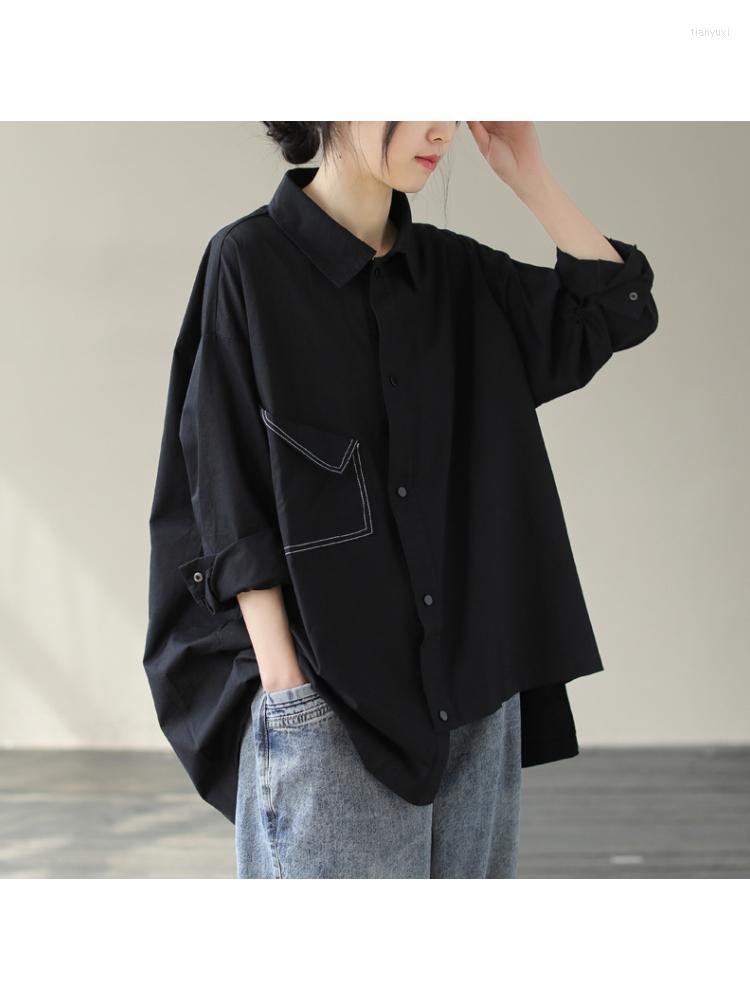 

Women's Blouses Topstitch Decoration Loose Solid Color Shirt Women's Spring Summer Simple Lapel Large Size Casual Long-sleeved Blouse, Black