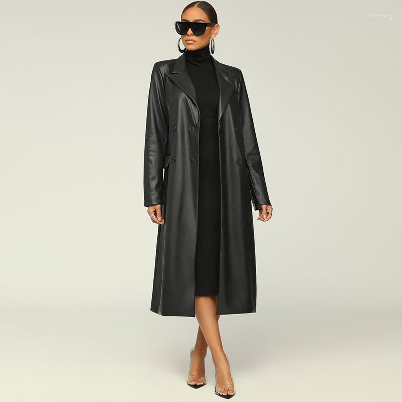

Women' Trench Coats 2022 Black PU Leather Women Of Quality High-end Office Lady Sexy Young Full Sleeve Nature X-Long Pleated Cloth