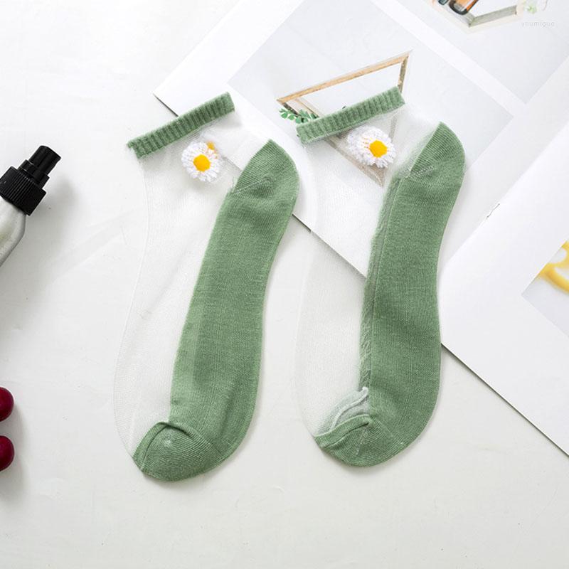 

Women Socks Summer Breathable Transparent Invisible Embroidery Daisy Crystal Silk Short Sock Female Splicing Color Casual Ankle Soxs, Black