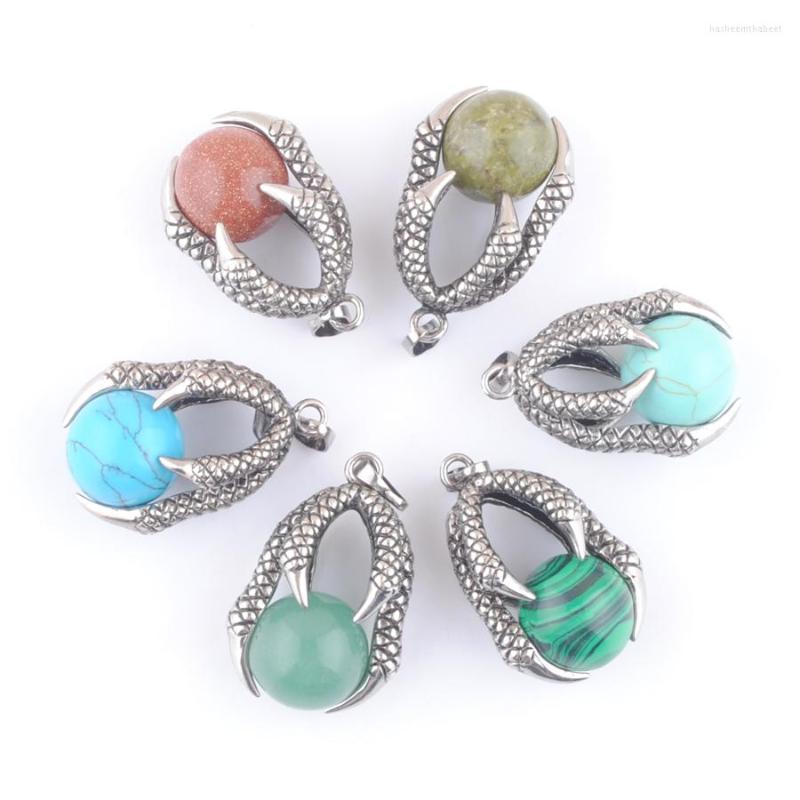 

Pendant Necklaces 6Pcs/Lot Antique Metal Retro Reiki Dragon Claw Natural Round Ball Stone Bead Golden Sand Rhodonite Rose Quartzs QBN310