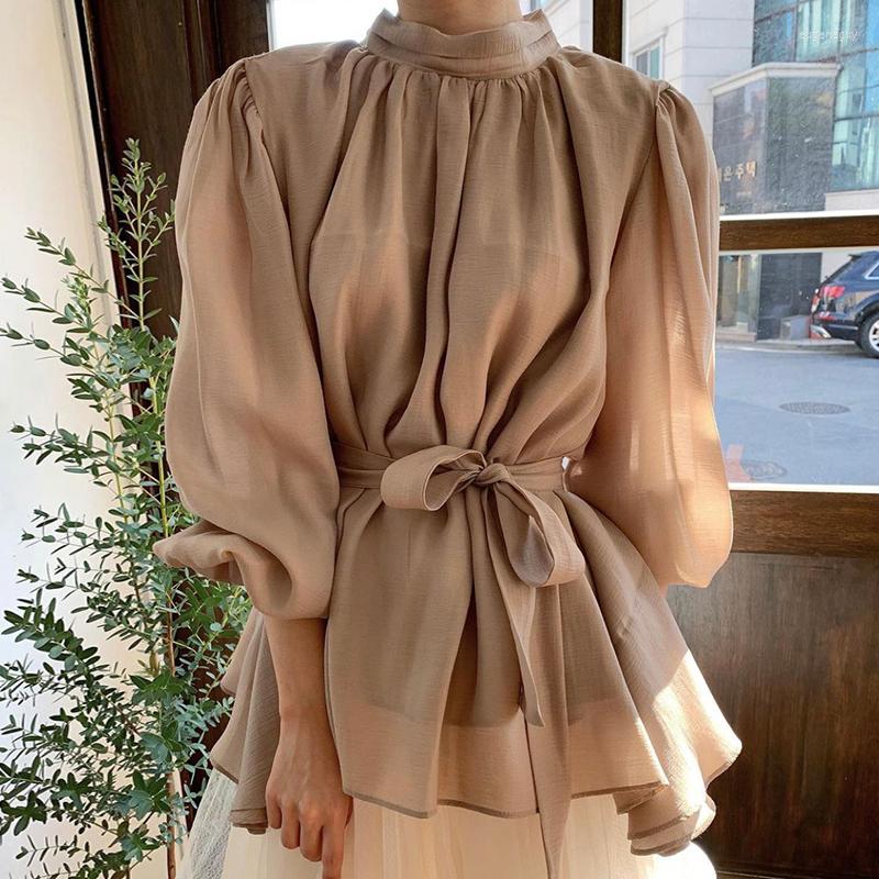 

Women's Blouses WDMSNA Autumn Lantern Sleeve Shirt Woman Elegant Half High Collar Pleated Blouse Women Lace Up Slim Waist Korean Chic Blusas, Black