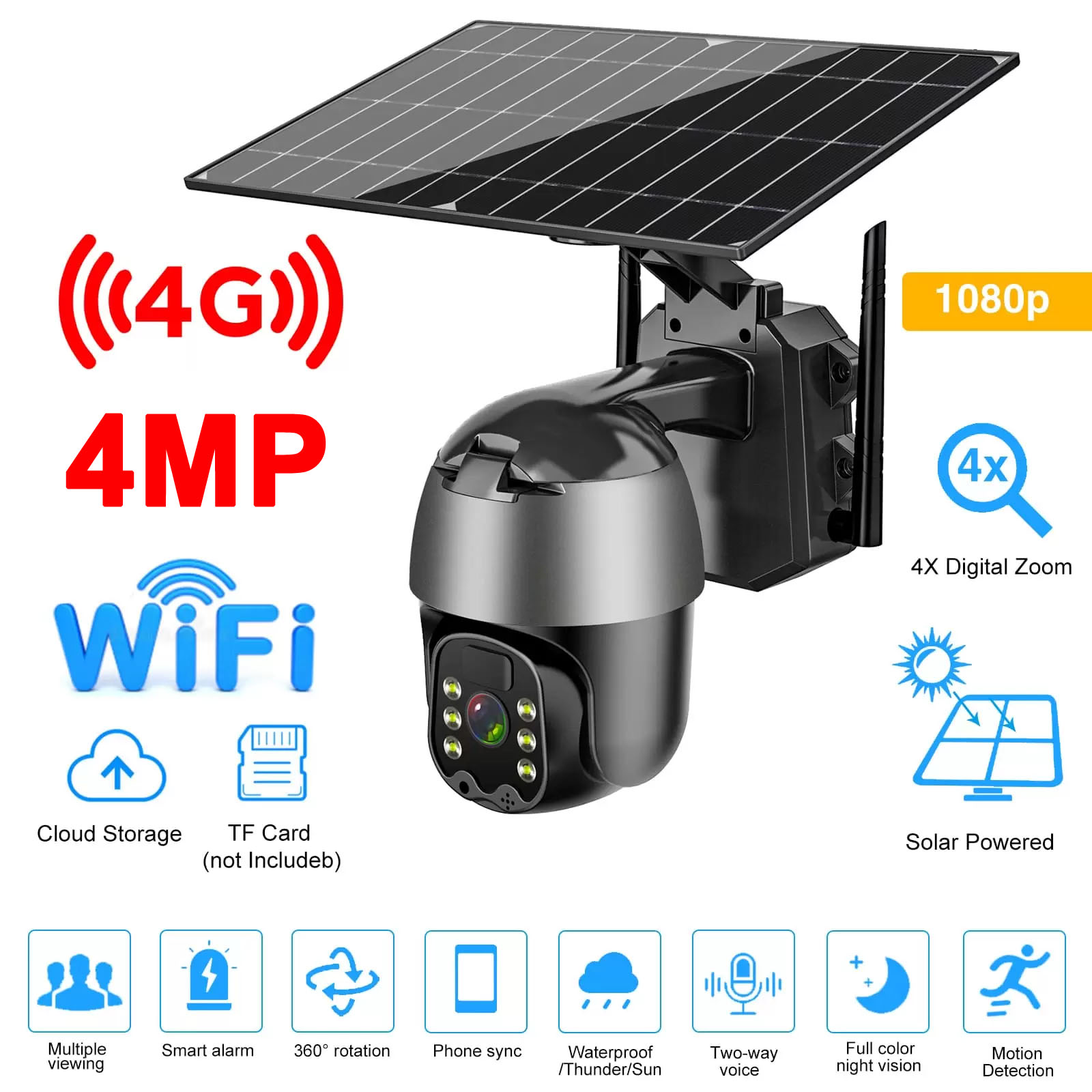 

4MP Solar Surveillance Cameras Rechargeable 4G WIFI PTZ Video Surveillance Outdoor Waterproof Security Cams PIR Color Night