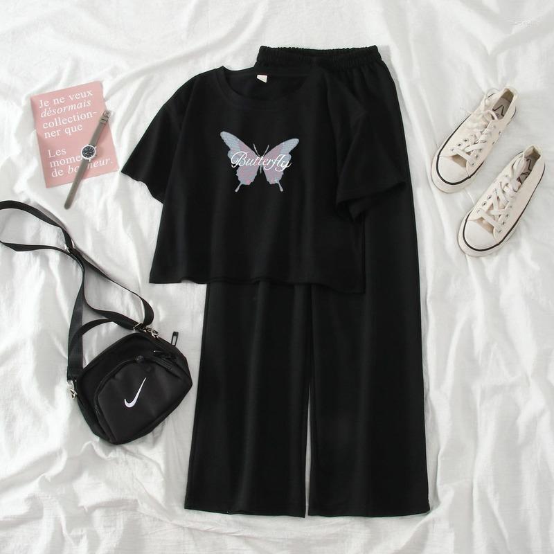 

Women's Two Piece Pants Women Sets Butterfly Print Short Sleeve T-shirts Solid Elastic Waist Wide Leg Casual Fashion Korean Style Streetwear, Black