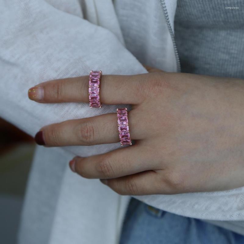 

Wedding Rings 2022 Wholesale Pink Pinky White Baguette Cz Full Stone Eternity Band Engagement Ring For Women Pastel Colored