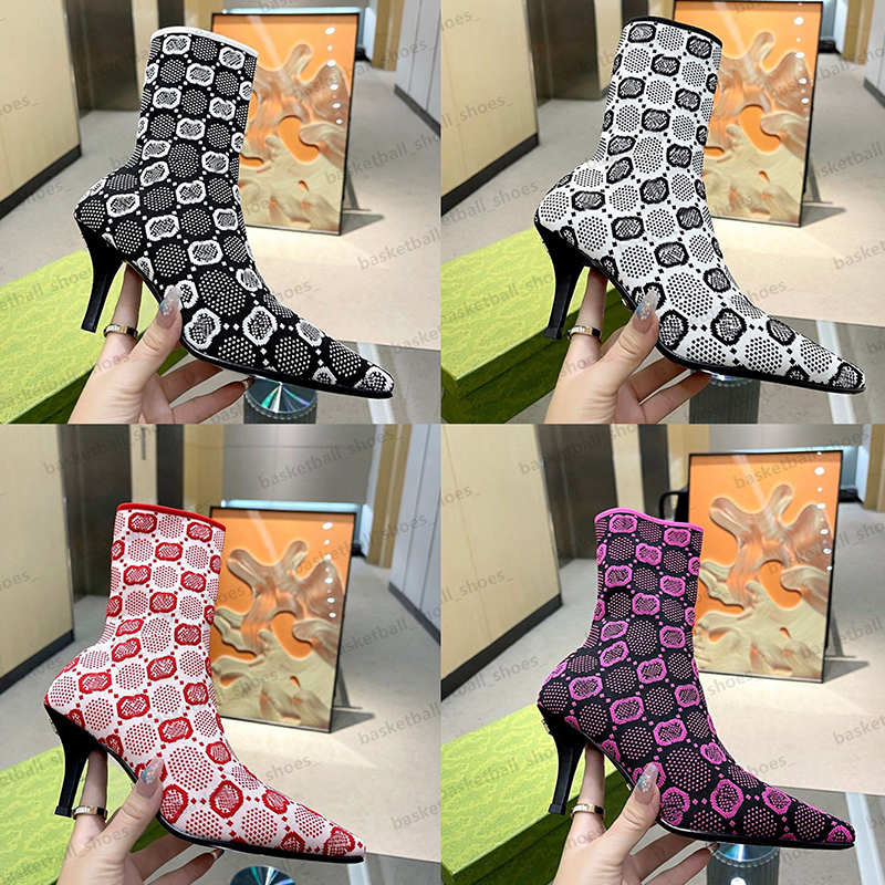 

Women G Knitted Ankle Boots Elastic Sock Boot Diamond Grid High Heels Socks Heeled Fashion Sexy Designer Alphabetic Lady Letter Thick Shoes, With box