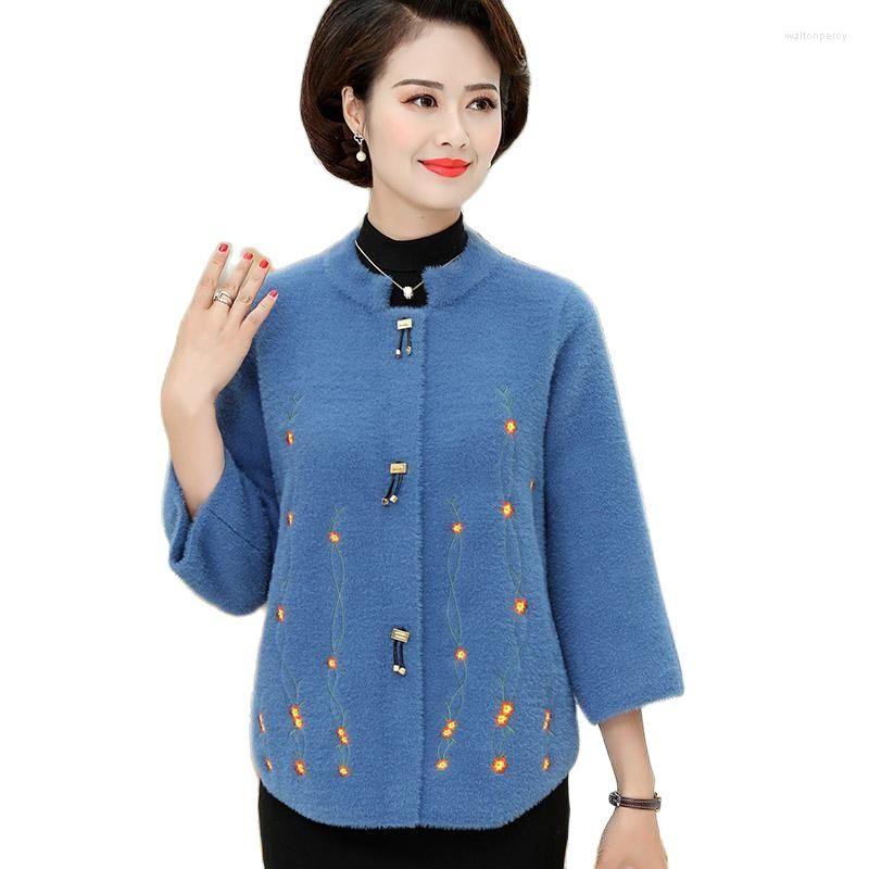 

Women's Knits Imitation Mink Velvet Wool Coat Women's Casual Knitted Cardigan Fall Winter Middle Aged Mother Elegant Sweater Jacket, Blue
