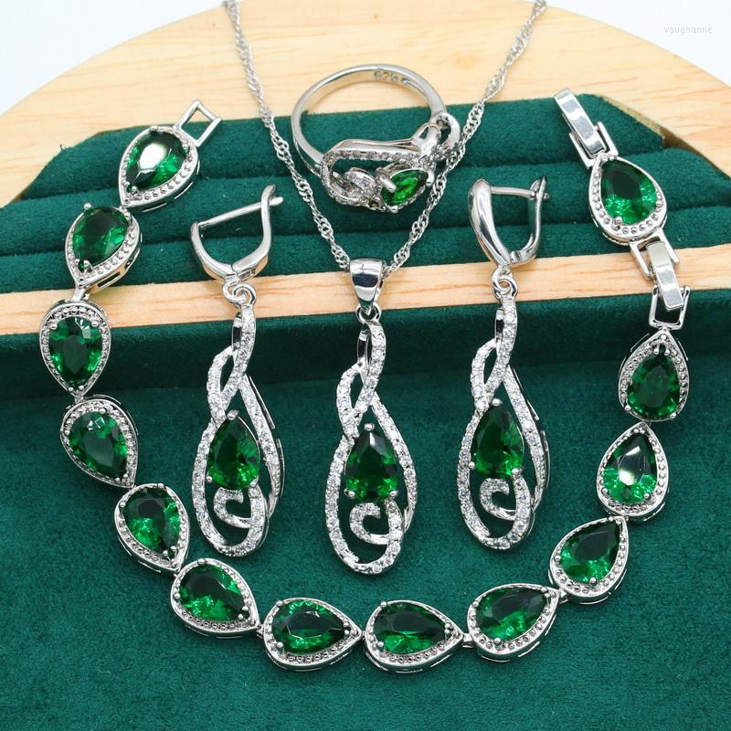 

Necklace Earrings Set Classical Silver Color Jewelry For Women Wedding Bride Green Zircon Bracelet Pierced Ring Christmas Gift, Picture shown