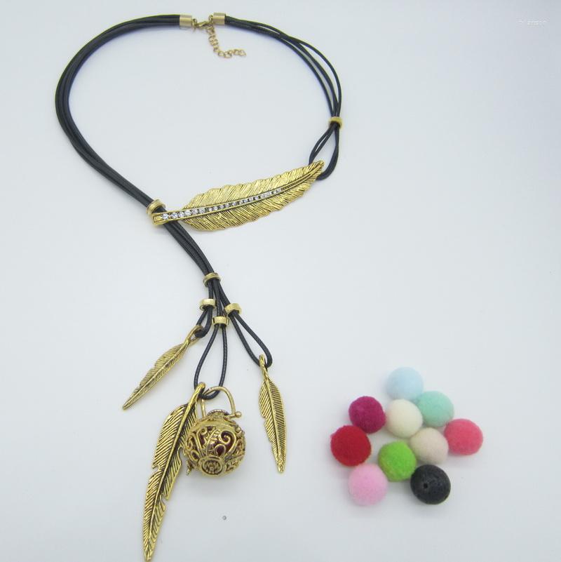 

Pendant Necklaces Vintage Design Adjustable Black Leather Cord And Antique Plated Leafs With DIY Locket Belly Ball Oil Diffuser Necklace