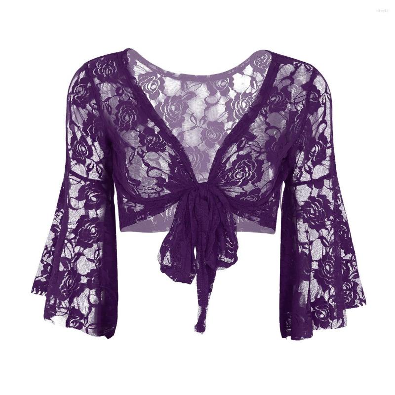 

Stage Wear Women Long Flare Sleeve Floral Lace Ballet Wrap Tops Belly Dance Costume Adult Holllow Out Shrug Cover-Ups Cardigan Dancewear, Royal blue