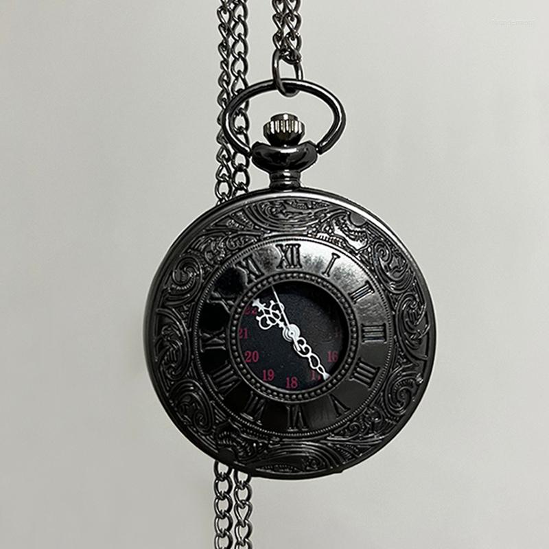

Pocket Watches Vintage Luxury Black Quartz Watch For Men Engraved Case Roman Numeral Fob Chain Necklace Clock Collection Gift, 06