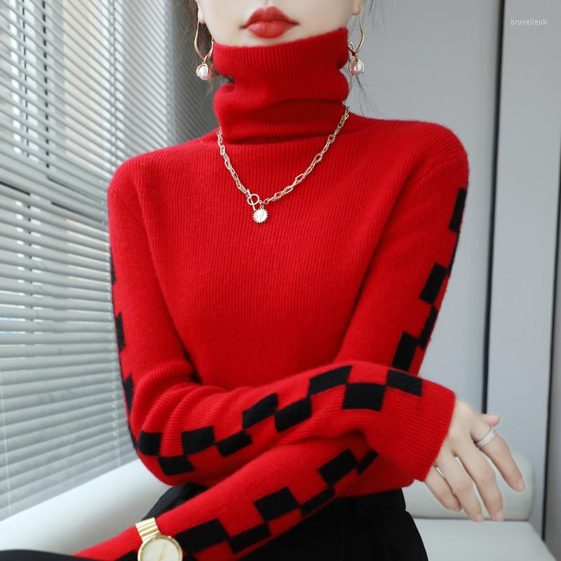 

Women' Sweaters Merino Wool Sweater Ladies Pile Collar Pullover Tops Spring / Autumn Colorblock Top Korean Style Fashion Tight And Thin, Green