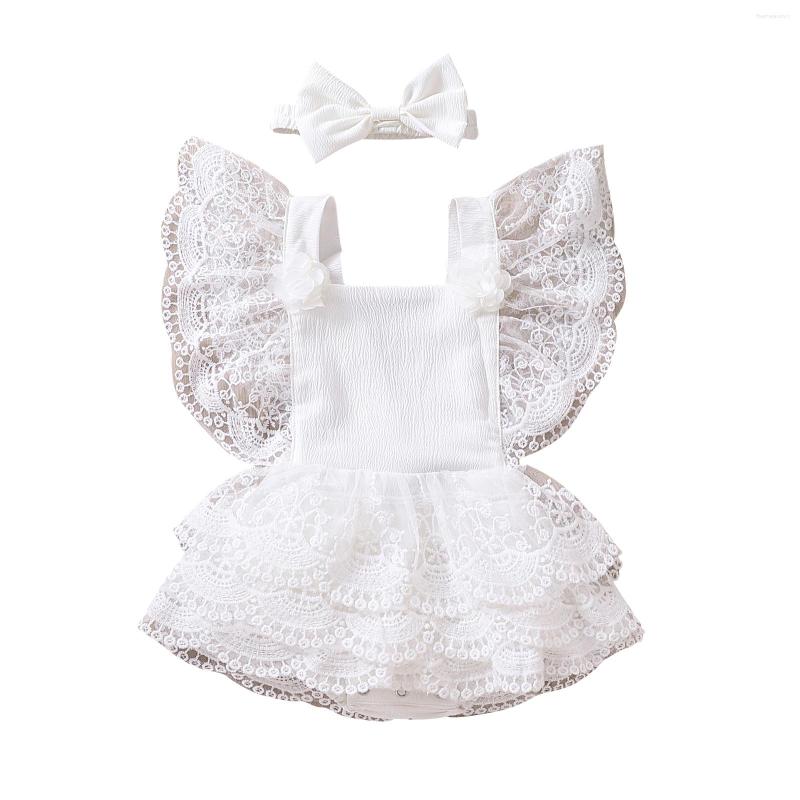 

Rompers Summer Infant Lace Romper Outfit Baby Girls Sweet Style Flower Pattern Sleeve Layered Skirt Splicing Jumpsuit Headwear, Picture shown