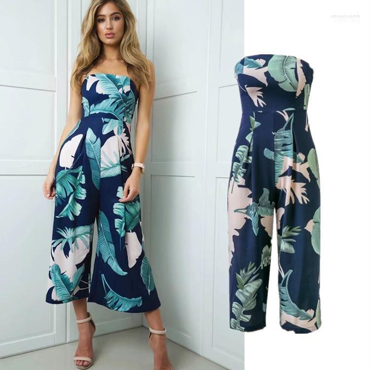 

Women' Jumpsuits Women' & Rompers 2022 Fashion Women&Ladies Summer Sleeveless Wide Leg Pants Print Siamese Seven Points Two Colors, Blue