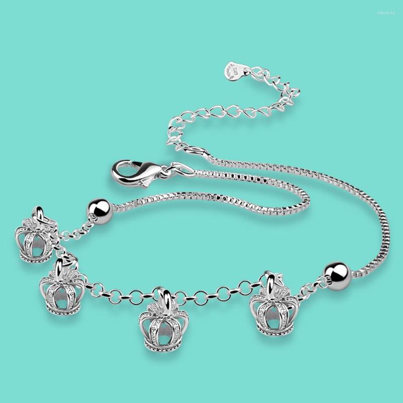 

Anklets Summer 925 Genuine Silver Ankle Bracelet Women's Crown Pendant Box Chain Femal Foot Accessories Holiday Beach Jewelry For Gift