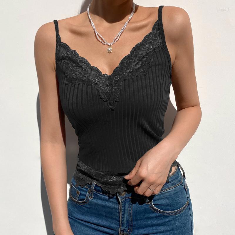 

Women' Tanks Y2K V Neck Lace Patchwork Strap Summer Tops Camisole Skinny Cute Vintage Sexy Crop Top Female Backless Basic Ladies, Black