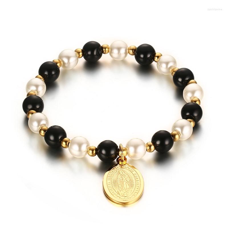 

Link Bracelets Top Quality Gold-color Exquisite Beaded Bracelet Trendy 8MM Stainless Steel Virgin Mary Tag Women Bijoux Pulseras