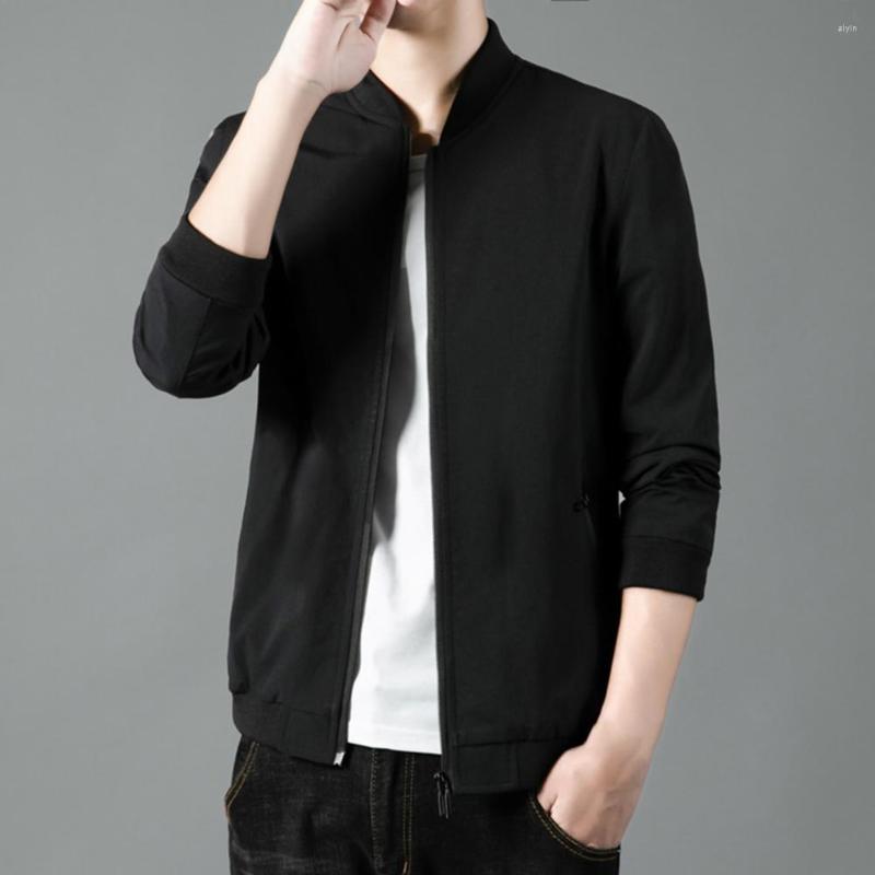 

Men's Jackets Men Jacket Stand Collar Side Pockets Bomber Solid Color Ribbed Cuff Zipper Breathable Ribbing Bottom Coat, Grey