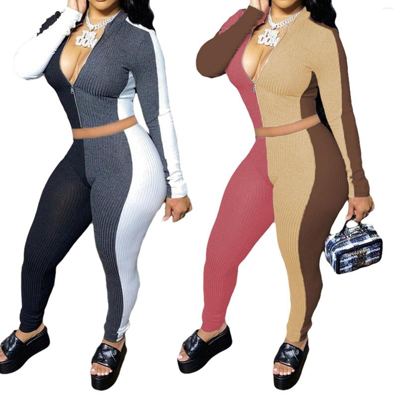 

Women' Two Piece Pants Women Set Clothes Patchwork Color Stitching Long-sleeve Zipper Cardigan Coat High Waist Trousers Tracksuit Plus Size