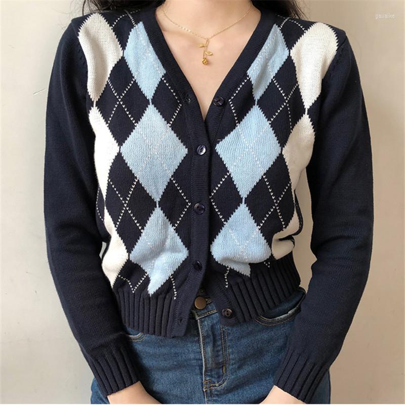 

Women' Knits Women Cardigan Sweater Knit Crop Top Argyle Vintage Stylish V-Neck England Autumn Mujer Jacket Long Sleeve Outerwear, Blue