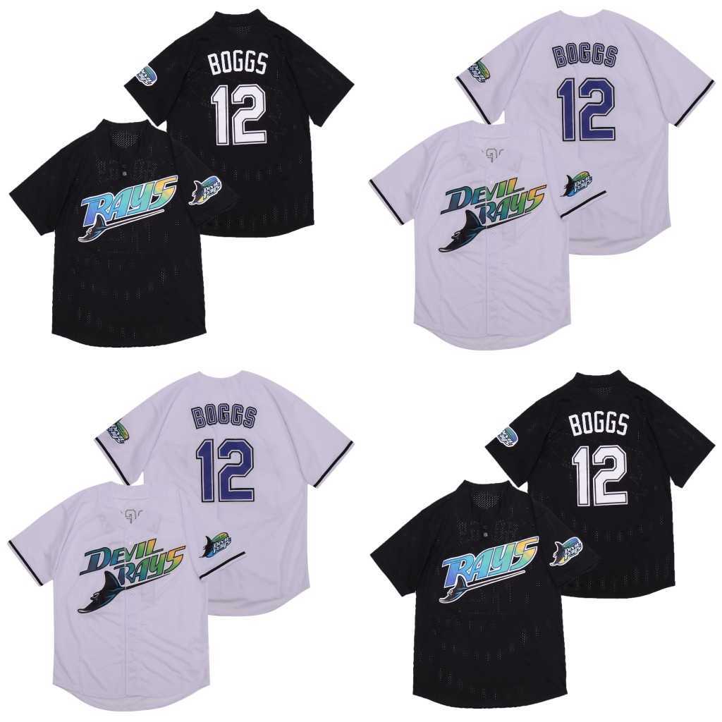 

12 Wade Boggs Bating Practice BP White Black Double Stitched White Green IN STOCK High Quality Baseball Jerseys -XXXL, As pic