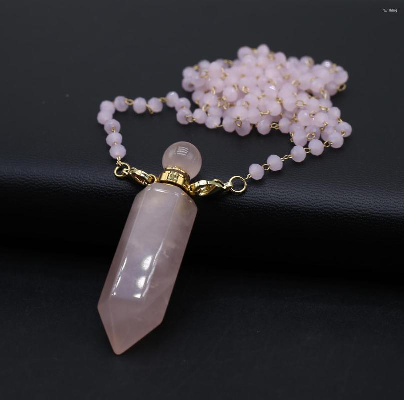 

Pendant Necklaces 1PC Natural Rose Quartzs Perfume Bottle Necklace Quartz Stone Chains Essential Oil Diffuser For Women Party Gift