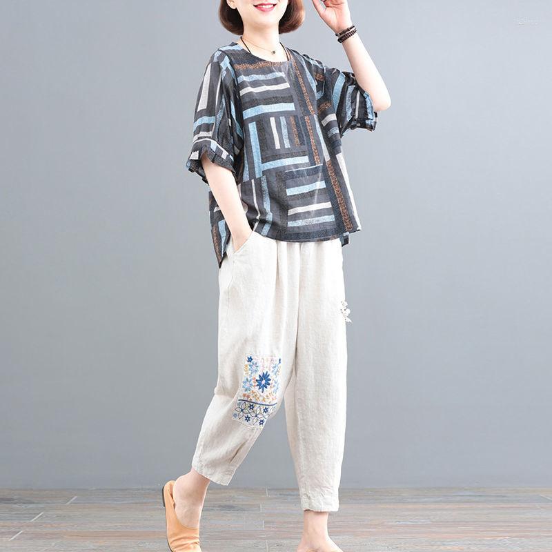 

Women's Two Piece Pants Ladies Cotton And Linen Suit 2022 Summer Loose Large Size Casual Retro Western Style Mother Dress Embroidery, Two piece set