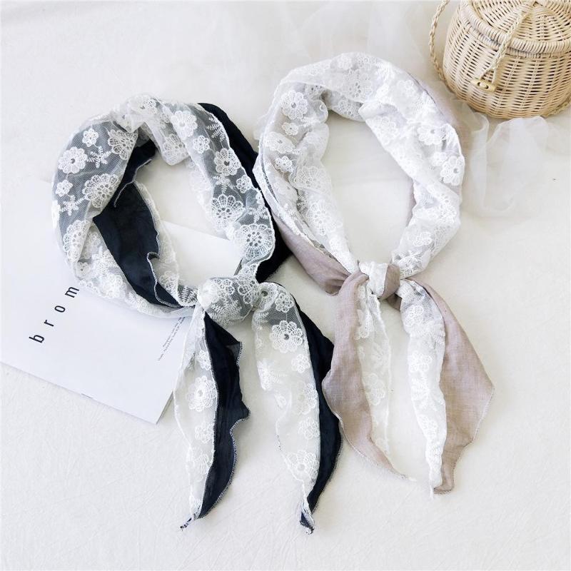 

Scarves Stitching Embroidery Lace Triangular Binder Small Silk Scarf Spring Autumn Pure Color Cotton And Linen Decorations Neckerchief