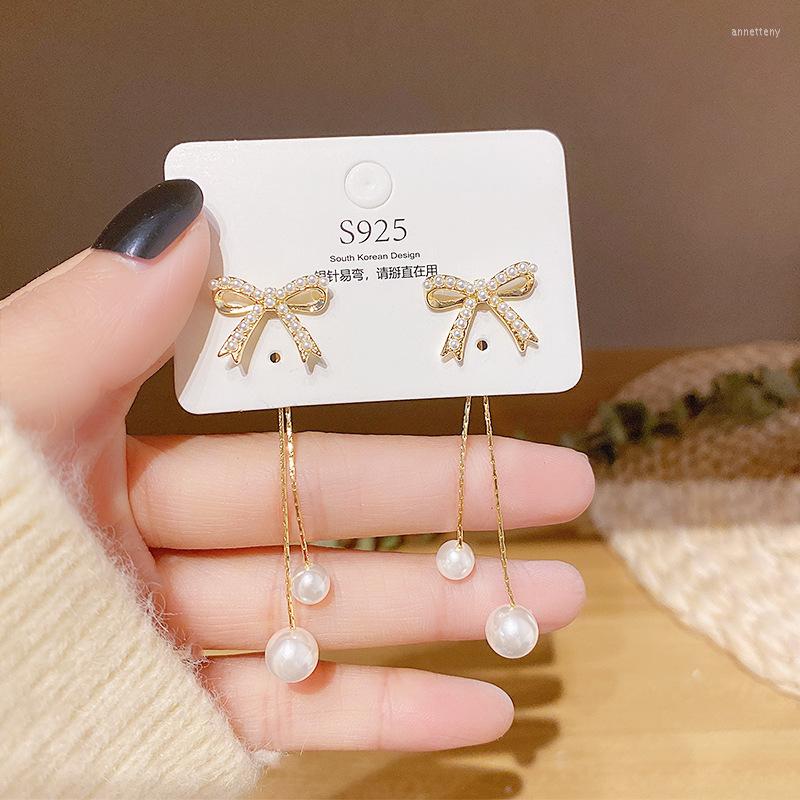 

Dangle Earrings 2022 Simple Rose Pearl Bowknot Long Tassel Swing Drop For Women Sterling Silver 925 Earring Charm Jewelry