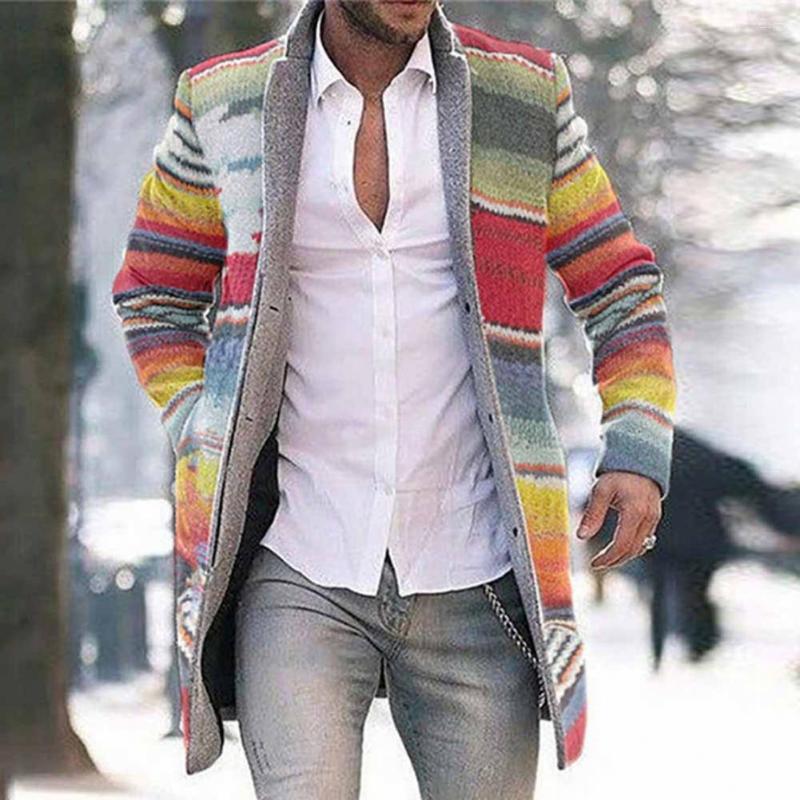 

Men's Trench Coats Men Autumn Winter Warm Coat Knitted Cardigan Outerwear Rainbow Stripes Open Front Long Sleeve Overcoat Windbreaker, Yellow