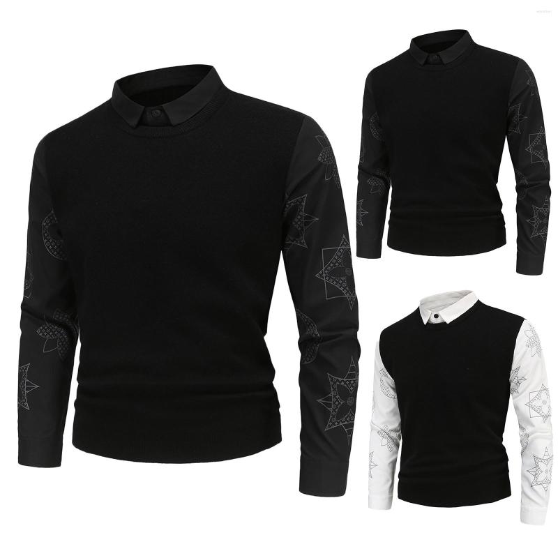 

Men's Sweaters Men's Autumn And Winter British Slim Top Blouse Printed Shirt Fake Two-piece Sweater Fashion Handsome Tops, Black