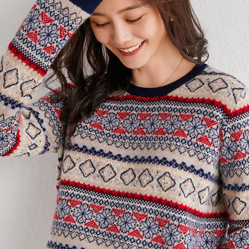 

Women's Sweaters Jacquard Thick Sweater Pure Wool Women Round Neck Pullover Long Sleeve Retro Loose Cashmere, Navy blue