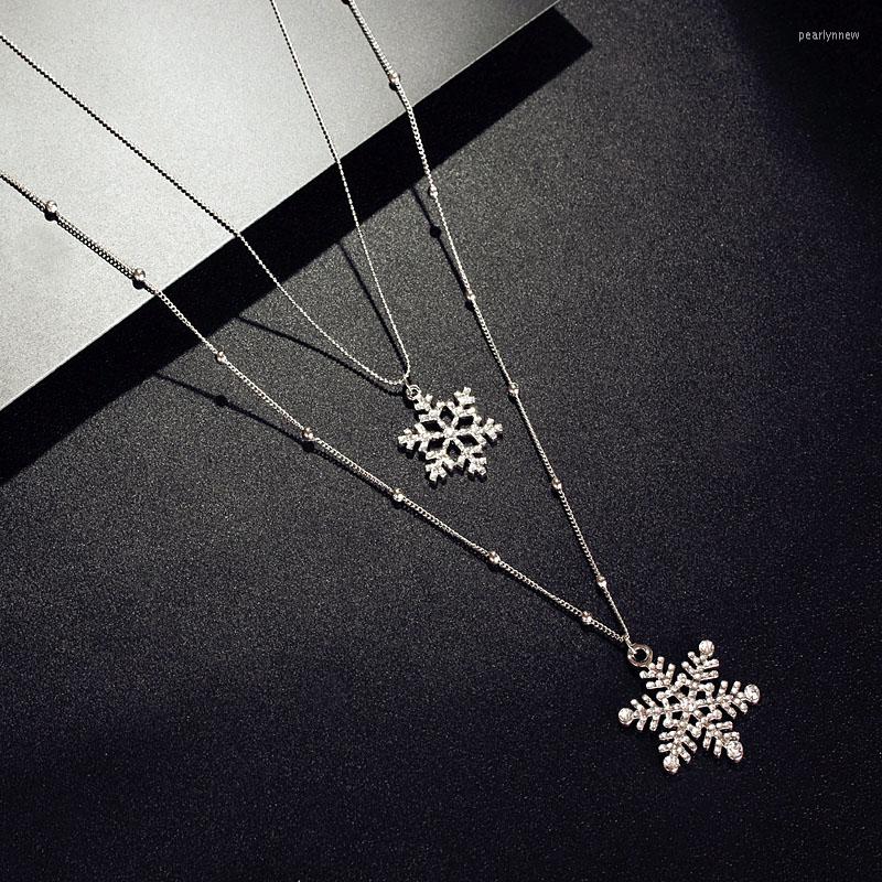

Chains Fashion Snowflake Pendant Long Necklace Double Layers Chain Crystals Women Jewelry Statement Party Christmas Gift Sweater