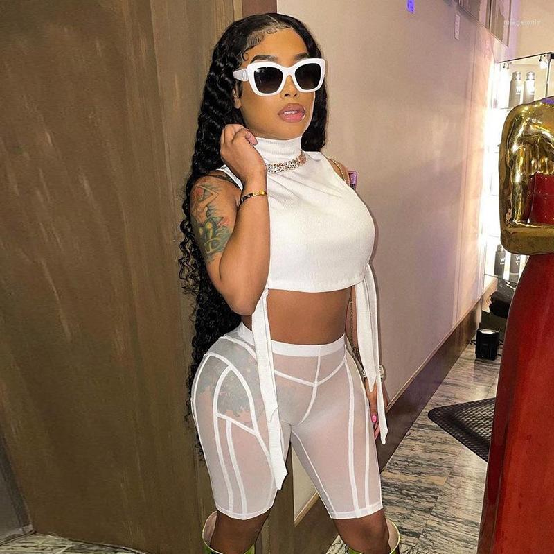 

Women' Tracksuits Women' Solid Color Sleeveless Side Tie T-shirt Hollow Slim Shorts Net Yarn Suit