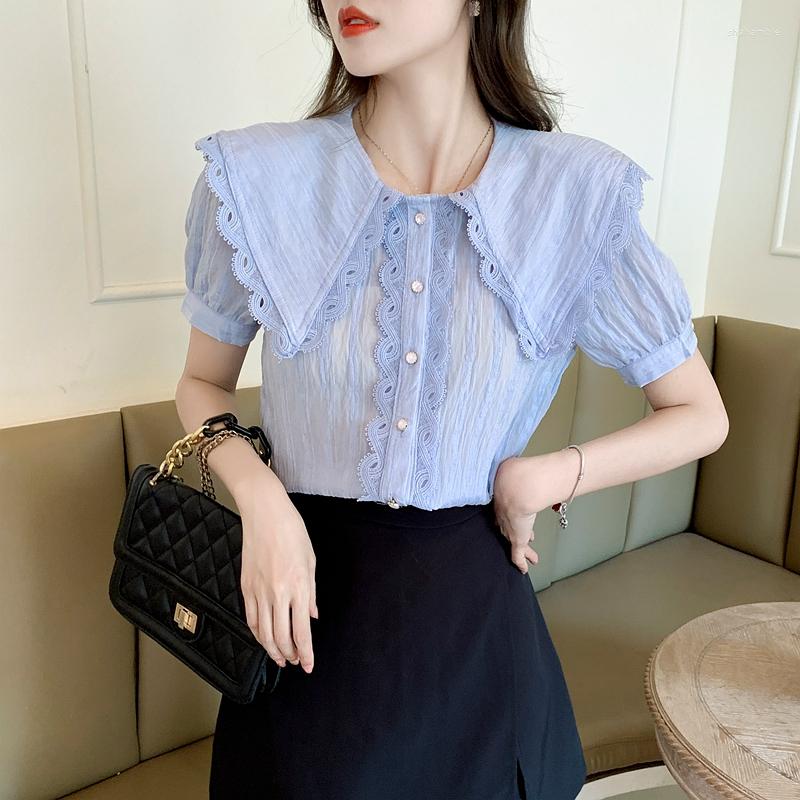 

Women' Blouses Doll Collar Lace Blouse Women 2022 Summer Shirt Design Niche French Style Thin Short-sleeved Chiffon, Blue
