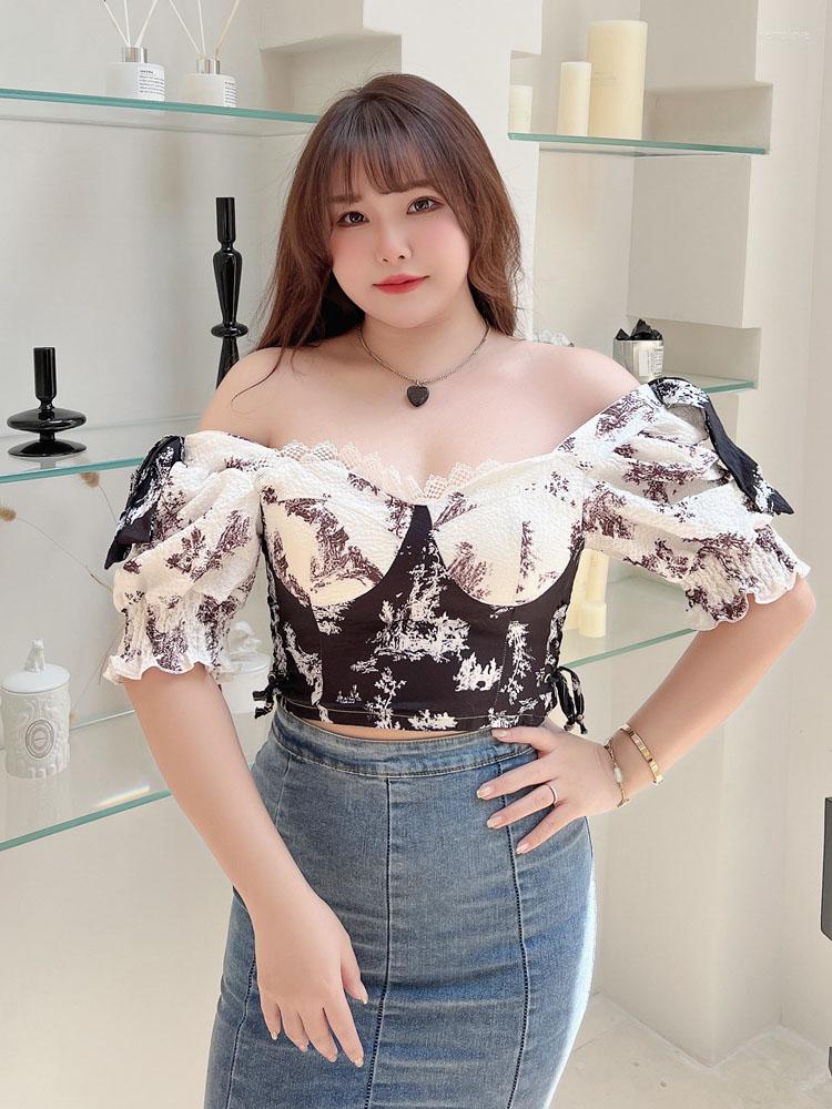 

Women's Blouses Women Fashion Court Style Vintage Print Bandage Short Crop Top Puff Sleeve Sexy Tops, Black