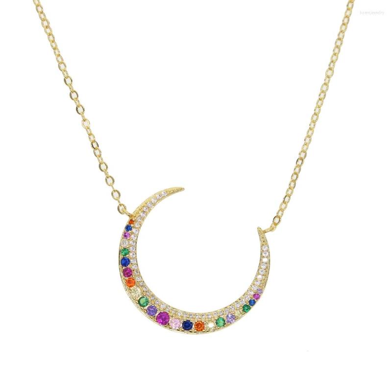 

Pendant Necklaces Gold Filler Fashion Rainbow Cz Paved Big Moon Charm Necklace With Color Link Chain For Women Wedding Colorful