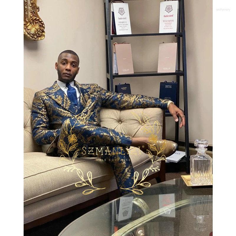 

Men's Suits SZMANLIZI Latest Coat Pant Design 2022 Blue Floral Double Breasted Formal Tuxedo Luxury Groom Men For Wedding Blazer Sets, Picture shown
