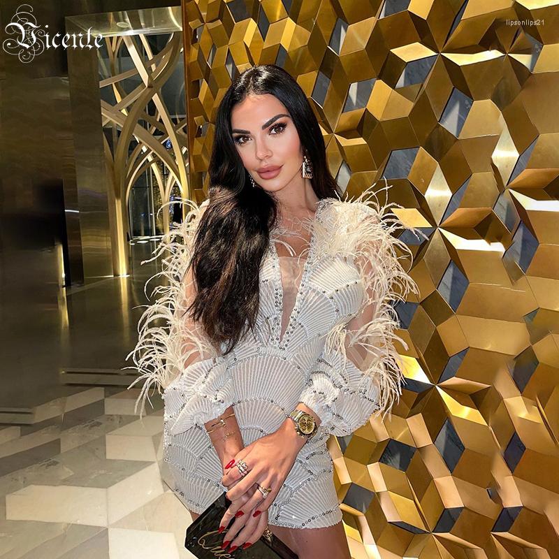 

Casual Dresses VC 2022 Dress For Ladies Feather Long Sleeve Pearl Sequin Decorative Design V-Neck Apricot Short, Hl7686