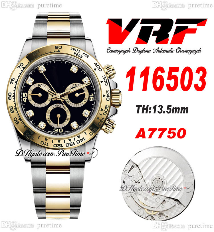 

VRF 11650 A7750 Automatic Chronograph Mens Watch Two Tone Yellow Gold Black Diamonds Dial Stainless Steel Bracelet Super Edition Same Series Card Puretime O15