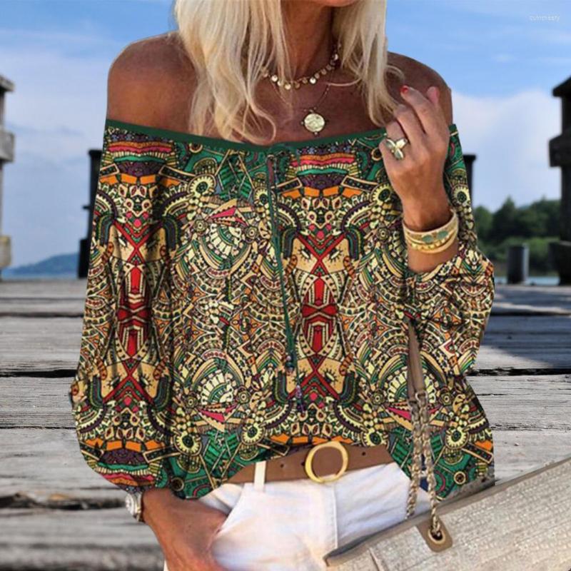 

Women' Blouses Ethnic Style Bohemia Print Chiffon Blouse Slash Neck Off Shoulder Ruffle Sheer Women Shirt Lace-up Lantern Long Sleeve, White