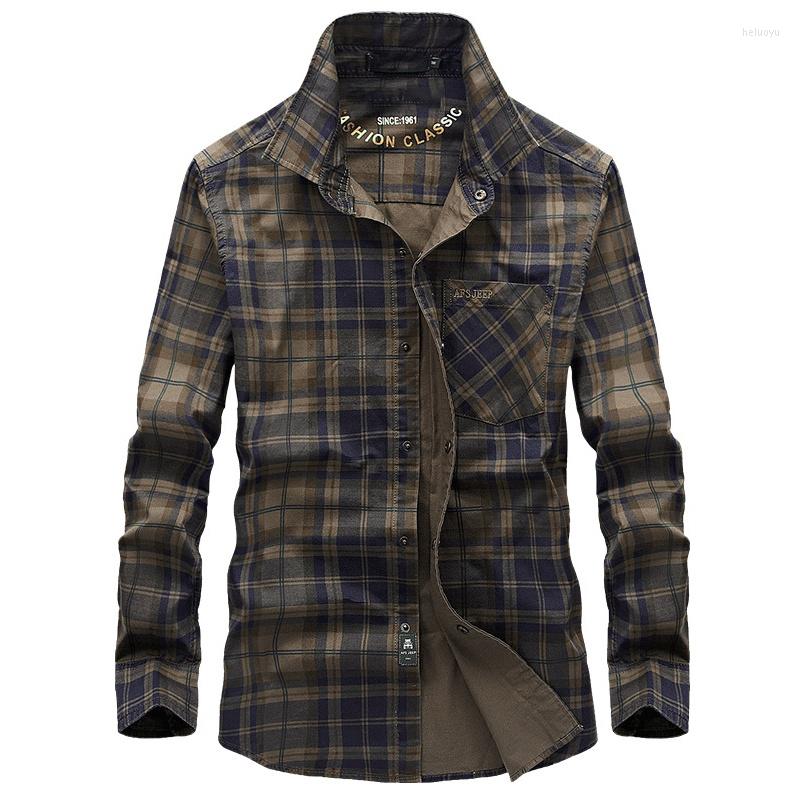 

Men's Casual Shirts 2022 Brand Military Shirt Men Plaid Chemise Homme Cotton Cargo Long Sleeve Soft Breathable Camisa Masculina, Khaki