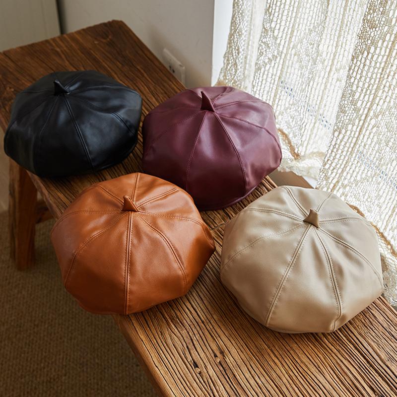 

Berets Vintage Women Beret Solid Cap Pu Leather French Artist Warm Beanie Pumpkin Hat Female Ladies All-Match Adjustable, Khaki